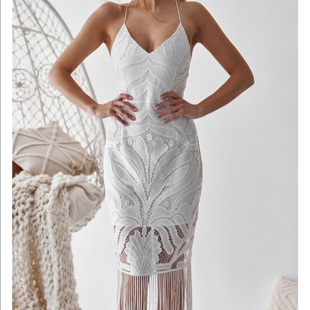 Midi White Lace Dress with Fringe Bottom